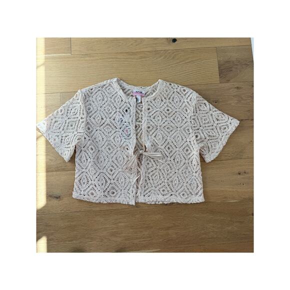 Future Collective Short Sleeve Tie Front Crochet Knit Cream Top Size XS NEW - Picture 8 of 9